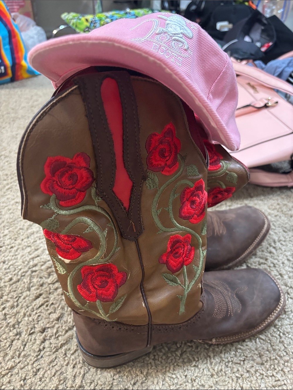 Women's Brown Embroidered Rose Heeled Boots - Red Floral Accents